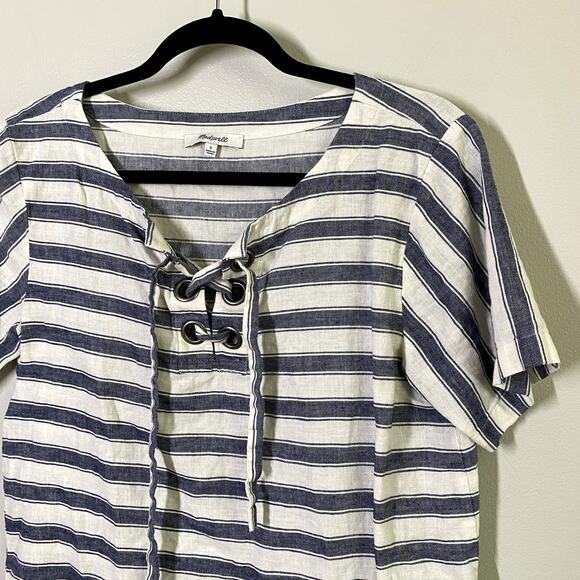 Madewell Striped Lace Up Short Sleeve Top Linen Cotton Blend Size S - Picture 2 of 5